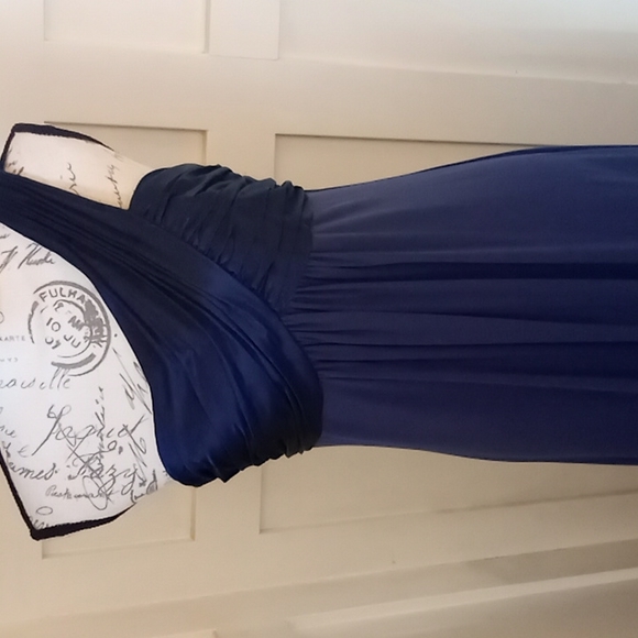 Formal David's Bridal Navy One Shoulder Long Jersey Dress With Cascade Back Sz 8 - Picture 3 of 11